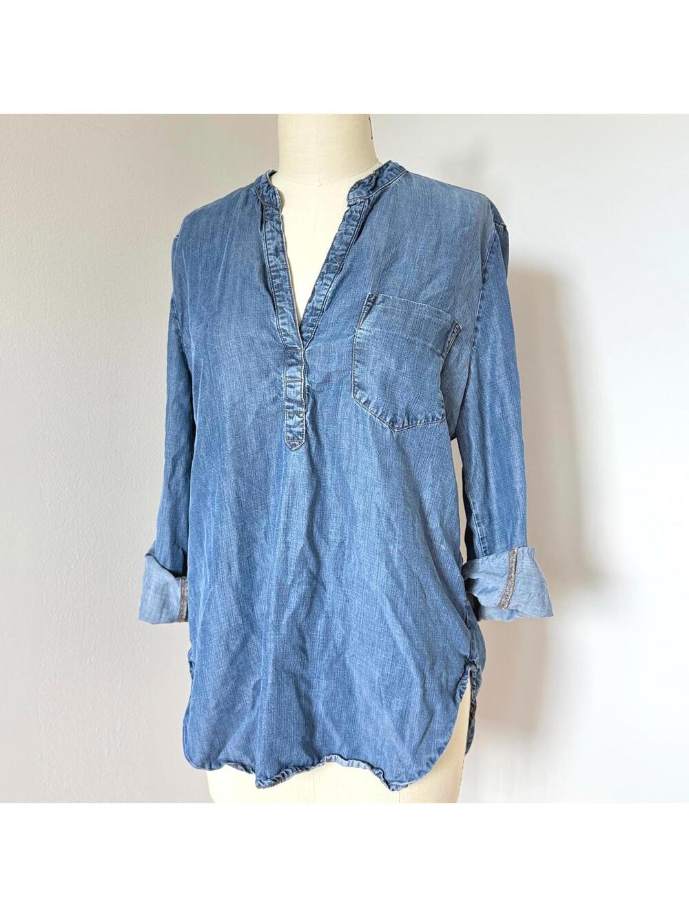 Denim Chambray Tunic Blouse Long Sleeve Artist Style Size L Casual Boho Artsy